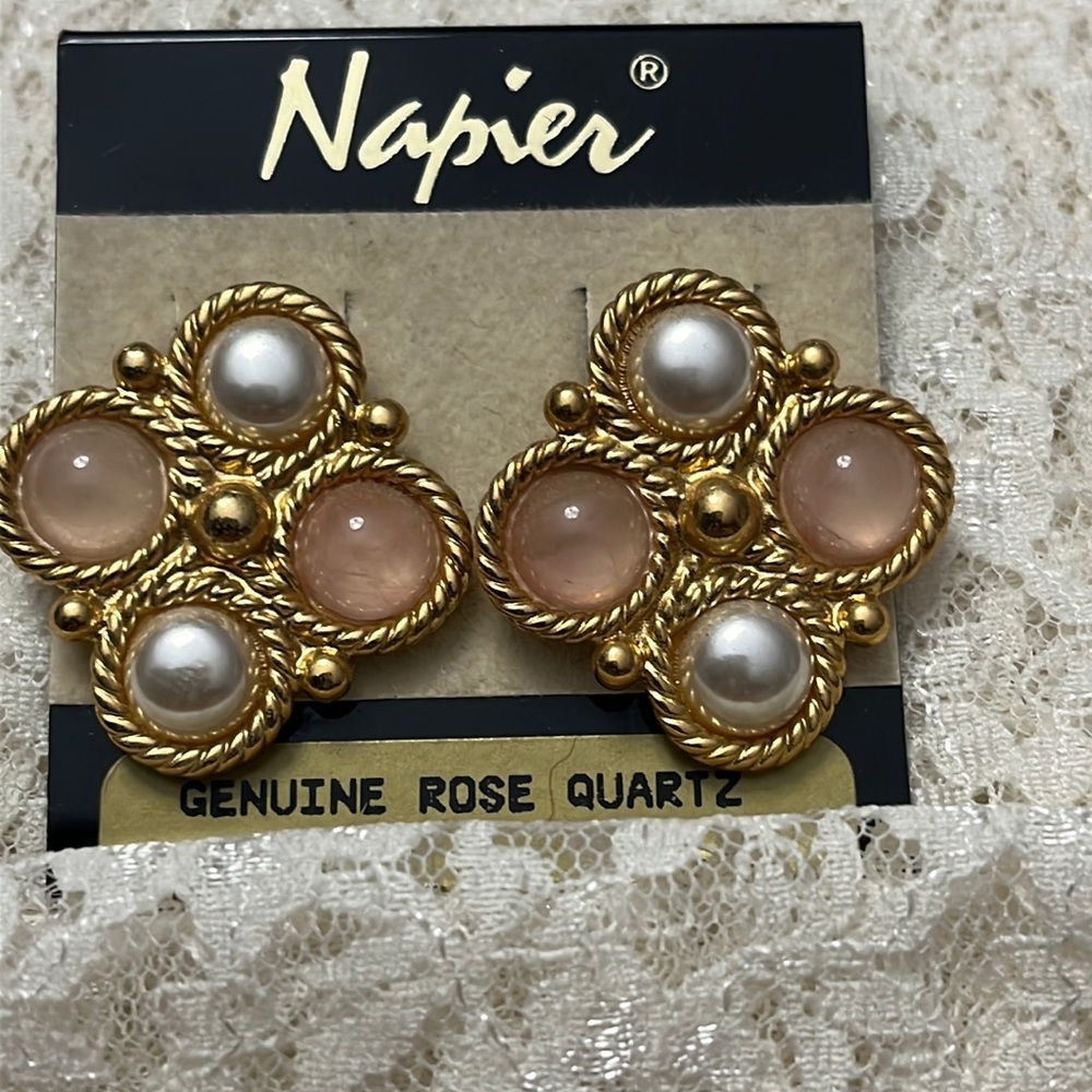 Napier/vintage gold, faux pearl and genuine rosé quartz earrings